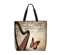 VducK Sac fourre-tout pour femme avec fond musical avec harpe et papillon, sac fourre-tout avec fermeture éclair, grande capacité, sac à main décontracté à bandoulière, Fond de musique avec harpe et