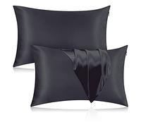 Veaken Lot de 2 taies d'oreiller en soie pour cheveux et peau, 100 % soie de mûrier 25 momme, 600 fils, deux côtés en pure soie avec fermeture éclair dissimulée, grand, 50,8 x 76,2 cm, gris noir