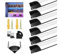 VEANANO Lot de 6 diffuseurs profilés LED pour bande lumineuse LED, 1 m, canal en aluminium noir en forme de V avec couvercle blanc laiteux, embouts et clips de montage, installation facile