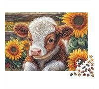 Veau Mignon Tournesols Puzzle Difficile 1000 Pièces pour Adultes Veau Assis dans Champ de Tournesols Premium Robuste Haute Qualité Vibrant Stimulant Anti-Stress 70x50cm/1000pcs