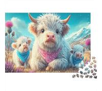 Veaux des Highlands - Puzzle de 1000 pièces en Carton 100% recyclé représentant Un Veau dans Une Prairie Fleurie. Illustration Magnifique pour Adultes. Dimensions : 52 x 38 cm.