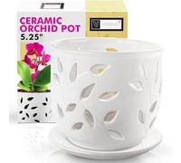 VEBAVO Orchid Pot with Holes & Saucer Ceramic 5.25 in. Indoor Or Outdoor Large Pot for Orchid Care & Root Health with Precise Aeration & Drainage - Durable for Repotting Or New Plants