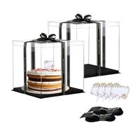 Vebetter 2Pcs Boite a Gateau Transparente Boite Layer Cake Boite de Transport Gateau 26 x 26cm Réutilisable Boîte à Gâteaux en Plastique avec Ruban pour Gateau et Présentoir à Dessert, 8 inch, Noir.