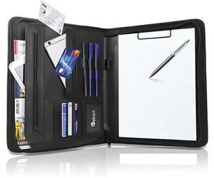 Vebon New York Porte-Documents A4 en Cuir végétalien, Fermeture éclair + Porte-Bloc I Conférencier + Sacoche pour Ordinateur Portable I Espace de Rangement supplémentaire I Noir