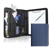 Vebon® Porte documents A4 grand format New York I Cuir végétalien, fermeture Éclair + pince I Conférencier + sacoche pour ordinateur portable I Rangement supplémentaire I Bleu saphir