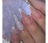 Vebonny long cercueil blanc français pointu faux ongles set argent paillettes ensemble complet ongles pressés acrylique brillant ongles dégradés pour la plage et la fête vebonny FN-lt098