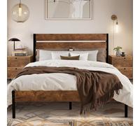 VECELO Cadre de Lit 140 x 190 cm, avec Tête de Lit en Bois, Support à Lattes en Métal Solide, Rangement sous Le Lit, Assemblage Facile, Marron