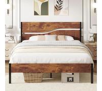 VECELO Cadre de lit 140 x 200 cm, en métal, avec tête de lit en Bois Double Couche et sommier à Lattes, lit d'invité Moderne, avec Espace de Rangement sous Le lit, Parfait pour la Chambre à Coucher