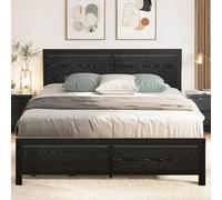 VECELO Cadre de Lit 140 x 200 cm en Métal avec Tête de Lit en Bois Épais et Sommier à Lattes, Double avec Espace de Rangement, Parfait pour la Chambre à Coucher, Noir
