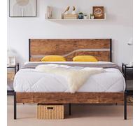 VECELO Cadre de lit 140x190 cm, Sommier Plateforme avec Tête de lit en Bois Rustique Vintage, Support à Lattes en Métal Solide, Rangement Sous Le Lit, Assemblage Facile, Noir et Grain de bois