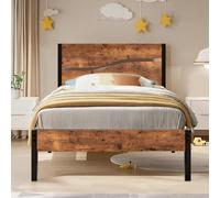 VECELO Cadre de lit 90 x 200 cm en métal avec sommier à Lattes, lit Simple en métal avec tête de lit en Bois épais, lit d'invité Vintage pour Adolescent, Parfait pour Chambre à Coucher, Marron