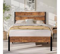 VECELO Cadre de lit 90 x 200 cm en métal, avec tête de lit en Bois épais et sommier à Lattes, lit Double avec Espace de Rangement sous Le lit, Parfait pour la Chambre à Coucher, Marron