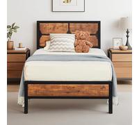 VECELO Cadre de Lit 90x190 cm, Sommier Plateforme avec Tête Rustique en Bois Vintage, Support à Lattes en Métal Solide, Rangement sous Le Lit, Marron