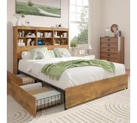 VECELO Cadre de lit Double 140 x 200 cm, avec 4 tirors et tête de Lit de Rangement, Lit en Bois avec Charge USB, Support à Lattes en Acier, Style Industriel