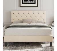 VECELO Double Rembourré 140x190 cm, Tête de Lit Réglable, Support à Lattes en Bois Solide, Tissu en Velours, Facile à Assembler, sans Bruit, Pas Besoin de Sommier, Beige