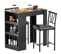 VECELO Ensemble Table de Bar avec 2 Chaises Rembourrées, Table avec 3 Étagères de Rangement, Style Industriel pour Salle à Manger, Cuisine, Salon, Marron