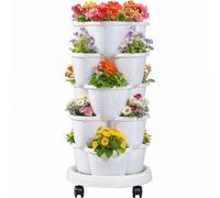 VECELO Jardinière Verticale à 5 Niveaux, Auto-arrosage, empilable, avec Roues pour Fraises, Herbes, Fleurs, légumes, Blanc