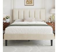 VECELO Lit Double 140×190cm Rembourré en Velours, Tête de Lit avec Remplissage d'Éponge Confortable et Réglable en Hauteur, Cadre Plateforme, Sommier à Lattes en Bois Solide, Assemblage Facile, Beige