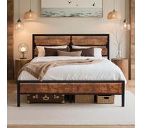 VECELO Lit Double 140 x 200 cm avec tête de lit en Bois, Cadre de lit en métal avec sommier à Lattes, Parfait pour Chambre à Coucher, Grand Espace de Rangement sous Le lit, Marron Vintage