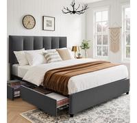 VECELO Lit Double 140x190 cm avec 4 Tiroirs de Rangement, Sommier à Lattes en Bois, Tête de Lit Réglable, Revêtement en Velours, Structure Silencieuse, Montage Facile, Gris