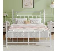 VECELO Lit Double en métal 140 x 200 cm avec tête de lit Haute - Style Vintage - Cadre de lit Double avec sommier à Lattes - Lit d'appoint pour Chambre à Coucher, Chambre d'amis - Blanc