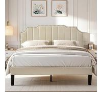 VECELO Lit Double Rembourré 140x190 cm, Cadre de Lit avec Tête de Lit, Support à Lattes en Bois Solide, Tissu en Velours Haut de Gamme, Facile à Assembler, Beige