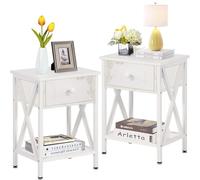VECELO Lot de 2 Table de Chevet, Tables d'Appoint en Bois Vintage 40 x 30 x 55 cm avec 1 Tiroir et 1 Étagère, Meubles de Rangement pour Chambre ou Salon Blanc
