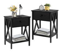VECELO Lot de 2 Table de Chevet, Tables d'Appoint en Bois Vintage 40 x 30 x 55 cm avec 1 Tiroir et 1 Étagère, Meubles de Rangement pour Chambre ou Salon Noir