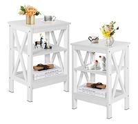 VECELO Lot de 2 Tables de Chevet Blanches, Table d’Appoint 3 Niveaux de Rangement Ouverts avec Pieds Métalliques Solides, Meubles Polyvalents pour Salon, Chambre, Bureau et Salle de Bains