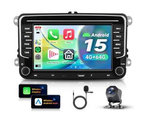 VECHTEL 4G+64G Autoradio Android 15 pour VW Tiguan Passat Beetle Jetta CC Sharan Multivan Transporter Caddy, Faisceau Quadlock 52 Broches (Seul) avec CarPlay Android Auto, Écran 7'' GPS WiFi Bluetooth