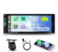 VECHTEL Autoradio 1 Din 4G+64G Android 15 avec Carplay Android Auto sans Fil, Autoradio Carplay à Écran Tactile 6.9'' IPS HD, Soutien Bluetooth 5.0 GPS Wi-Fi Radio FM RDS USB/Type-C Lien Miroir Caméra