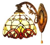 VECNUM Applique Murale De Style Tiffany, Lampe Murale Rétro Européen en Verre Teinté Baroque Lampe De Chevet avec Interrupteur À Tirette Salon Chambre Café Bar Couloir Appliques E27,Marron