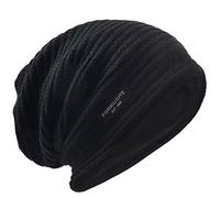 VECRY Hommes Slouchy Bonnet Tricoté Calotte Long Bouffant Doublé Hiver Été Chapeaux (Solide Noir, Taille M)