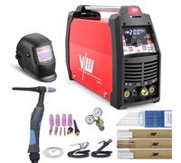 VECTOR WELDING Poste à souder SET AC/DC TIG 200A Puls MMA Casque de soudeur, Accessoires - London 2400D, Fonction de soudage à l'électrode - Soudage aluminium - Fonction pulsée, Écran numérique