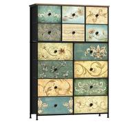 VEDECASA Commode avec 14 tiroirs, table de maquillage de style bohème avec plateau en bois, tiroirs en tissu, structure en métal, commode en tissu, organisateur de tour pour salon, chambre d'enfant