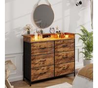 VEDECASA Commode avec 6 tiroirs et éclairage LED, 2 ports USB et 2 prises AC, buffet avec plateau en bois et tiroirs en tissu, cadre en métal pour chambre à coucher, salon et couloir (noir)