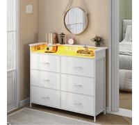 VEDECASA Commode avec 6 tiroirs et éclairage LED Commode avec 2 ports USB & 2 prises AC Tour de rangement avec armoire pour chambre à coucher, salon et couloir, structure en métal, plateau en bois