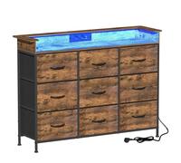 VEDECASA Commode avec 9 tiroirs, éclairage LED, 2 ports USB et 2 prises AC, buffet avec plateau en bois et tiroirs en tissu, cadre en métal pour chambre à coucher (marron, 9 tiroirs)