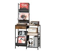 VEDECASA Étagère à disques vinyles avec 1 tiroir et 3 étagères en bois et métal vintage pour jusqu'à 150 disques vinyles LP avec étagère pour platine tournante, table d'appoint pour salon
