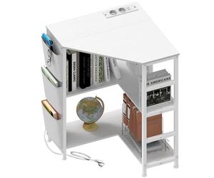 VedeCasa Table d'imprimante angle blanche 3 étages chargeur 2 prises 2 ports USB poches latérales pieds réglables support CPU