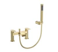 VeeBath Cascade Mitigeur bain/douche - Finition laiton brossé, entrée G3/4", double levier, mitigeur de baignoire monté sur pont avec pomme de douche ronde, robinet de salle de bain moderne à double