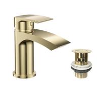 VeeBath Cascade Mono Robinet mitigeur de lavabo - Bords arrondis, finition laiton brossé, entrée G1/2" avec bonde pop-up, levier unique, montage sur plateau, robinet de salle de bain moderne, mitigeur