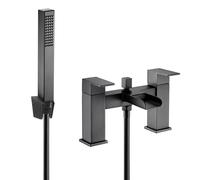 VeeBath Kinetic - Lot de 2 mélangeurs carrés cascade pour baignoire/douche, finition noire mate, double levier de commande, entrée BSP G1/2", pomme de douche carrée et douchette à main, paire de
