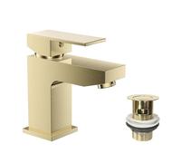 VeeBath Mist Mono Robinet mitigeur de lavabo avec bonde de vidage - Finition moderne en laiton brossé, contrôle à levier unique, entrée BSP G1/2", robinets de salle de bain carrés montés sur le