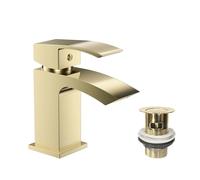 VeeBath Tidal Mitigeur de lavabo mono avec bonde de vidage - Finition laiton brossé, bord carré à levier unique, robinet de salle de bain moderne monté sur le pont - Mitigeur de salle de bain