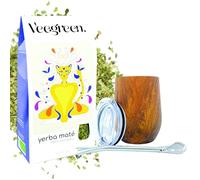 Veegreen Yerba Maté Bio Kit avec Calebasse | Tasse Isotherme + Bombilla + Couvercle + 100g de Maté Bio | Gourde Idéale pour Boire Le Maté Chaud | Double paroi en Acier Inoxydable (Bois)