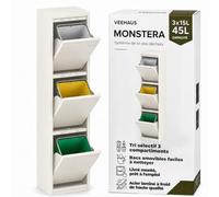 VEEHAUS Poubelle cuisine à rabats acier, 3 bacs, 15 L - 45 L, Blanc | Joint anti-odeurs, Pose libre, prémonté, Usage intérieur, Ouverture manuelle par rabats, Bacs intérieurs amovibles
