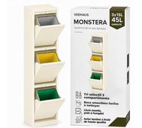 VEEHAUS Poubelle cuisine à rabats acier, 3 bacs, 15 L - 45 L, Crème Blanc | Joint anti-odeurs, Pose libre, prémonté, Usage intérieur, Ouverture manuelle par rabats, Bacs intérieurs amovibles