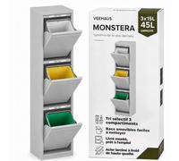 VEEHAUS Poubelle cuisine à rabats acier, 3 bacs, 15 L - 45 L, Gris | Joint anti-odeurs, Pose libre, prémonté, Usage intérieur, Ouverture manuelle par rabats, Bacs intérieurs amovibles