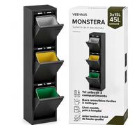 VEEHAUS Poubelle cuisine à rabats acier, 3 bacs, 15 L - 45 L, Noir | Joint anti-odeurs, Pose libre, prémonté, Usage intérieur, Ouverture manuelle par rabats, Bacs intérieurs amovibles